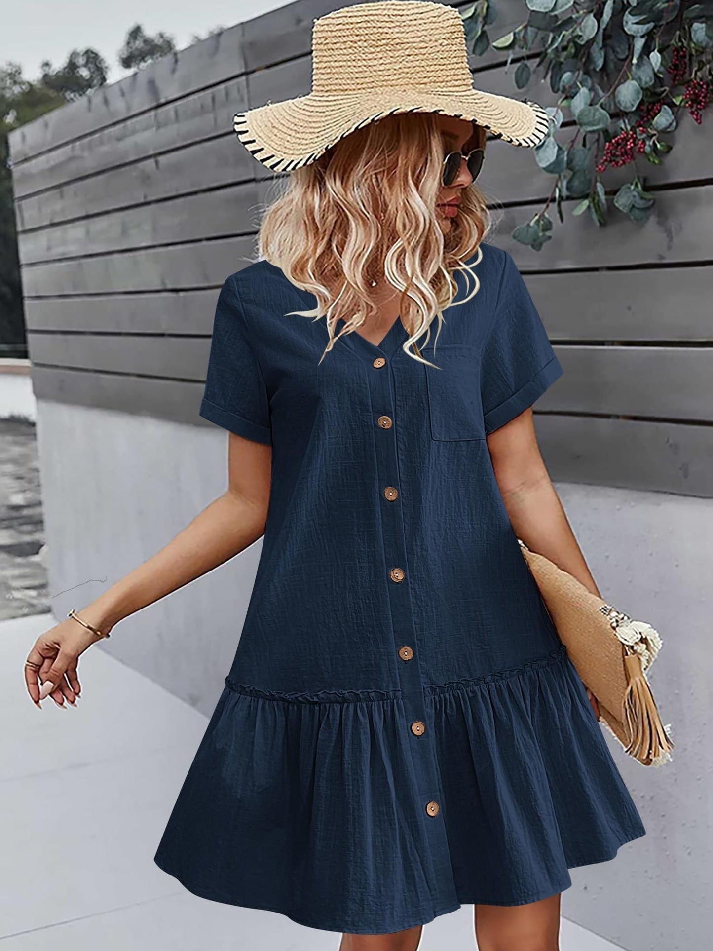 Women's Casual Short Sleeve Button- Dress with Ruffle Hem - Lightweight 300gsm V-Neck Tunic Shirt Dress, Machine Washable Summer Dress for Beach Outings & Casual Wear, Summer Casual Dress | Ruffle Hem Dress | Breathable Fabri