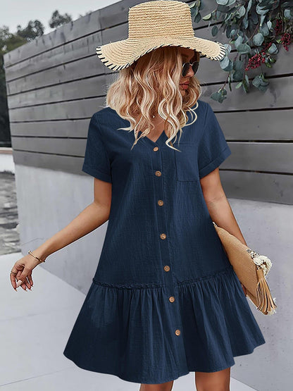 Women's Casual Short Sleeve Button- Dress with Ruffle Hem - Lightweight 300gsm V-Neck Tunic Shirt Dress, Machine Washable Summer Dress for Beach Outings & Casual Wear, Summer Casual Dress | Ruffle Hem Dress | Breathable Fabri