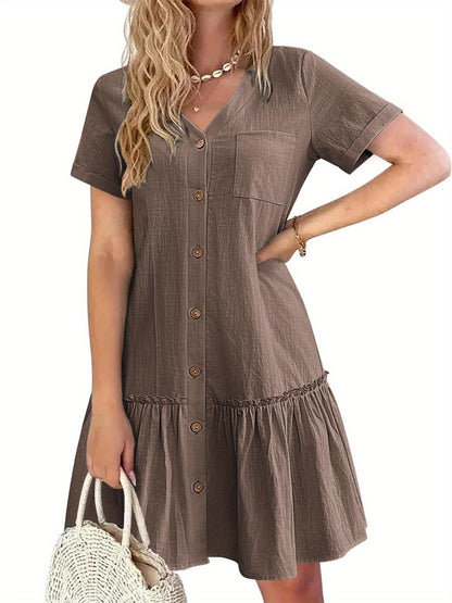 Women's Casual Short Sleeve Button- Dress with Ruffle Hem - Lightweight 300gsm V-Neck Tunic Shirt Dress, Machine Washable Summer Dress for Beach Outings & Casual Wear, Summer Casual Dress | Ruffle Hem Dress | Breathable Fabri