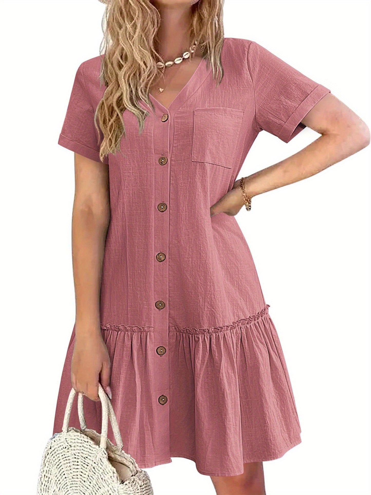 Women's Casual Short Sleeve Button- Dress with Ruffle Hem - Lightweight 300gsm V-Neck Tunic Shirt Dress, Machine Washable Summer Dress for Beach Outings & Casual Wear, Summer Casual Dress | Ruffle Hem Dress | Breathable Fabri