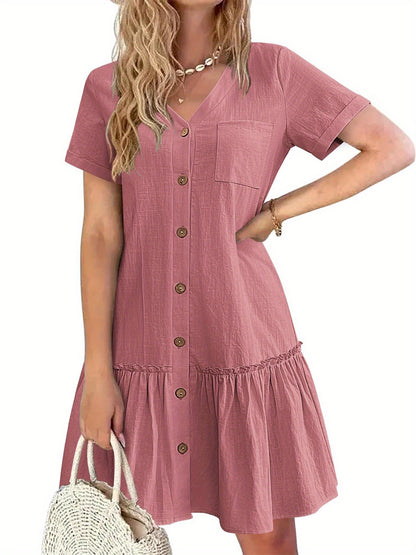 Women's Casual Short Sleeve Button- Dress with Ruffle Hem - Lightweight 300gsm V-Neck Tunic Shirt Dress, Machine Washable Summer Dress for Beach Outings & Casual Wear, Summer Casual Dress | Ruffle Hem Dress | Breathable Fabri