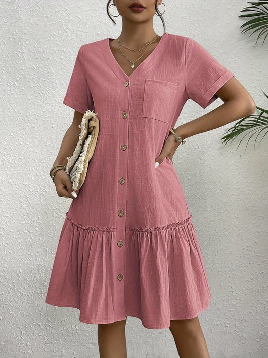 Women's Casual Short Sleeve Button- Dress with Ruffle Hem - Lightweight 300gsm V-Neck Tunic Shirt Dress, Machine Washable Summer Dress for Beach Outings & Casual Wear, Summer Casual Dress | Ruffle Hem Dress | Breathable Fabri