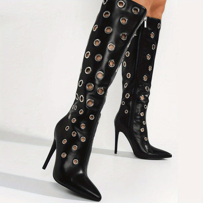 Stiletto high heels, knee high boots with holes