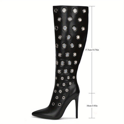 Stiletto high heels, knee high boots with holes