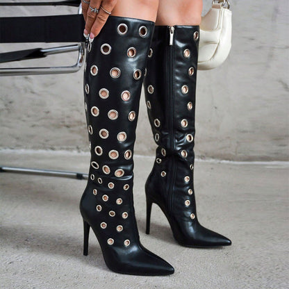 Stiletto high heels, knee high boots with holes