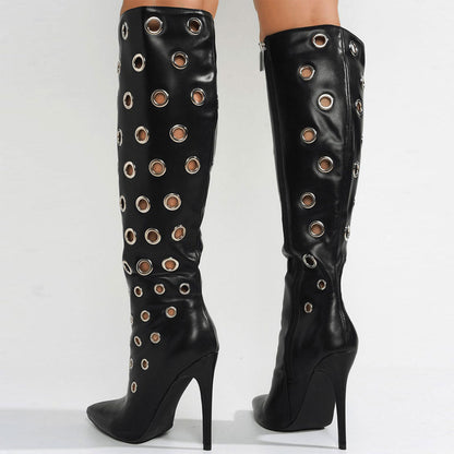 Stiletto high heels, knee high boots with holes