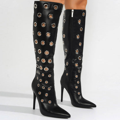 Stiletto high heels, knee high boots with holes