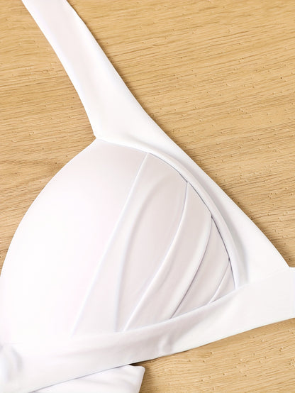 Plain White Push Up 2 Piece Set Bikini, Halter Stretchy Tie Side Swimsuits, Women's Swimwear & Clothing