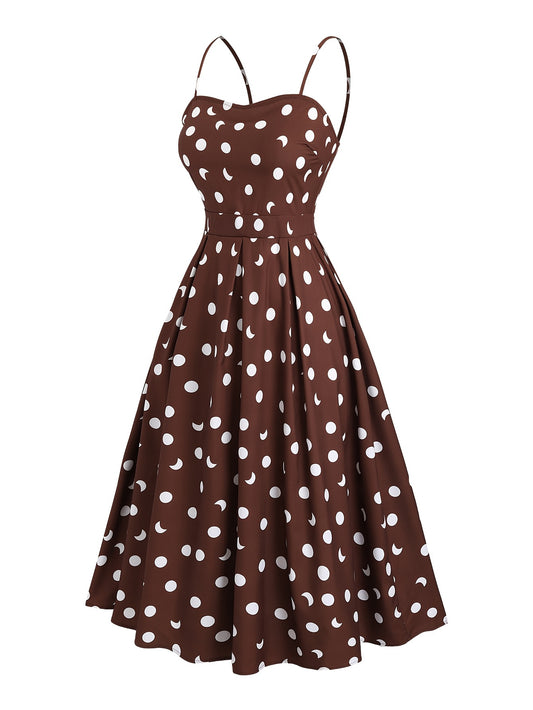 Plus Size Women's Elegant Off-Shoulder Polka Dot Midi Dress - Brown with White Circles, Flowy Skirt & Zipper Back, Machine Washable Summer Dress for Casual & Formal Occasions, Seasonal Fashion, Chic Style, Smooth Fabric, Styl