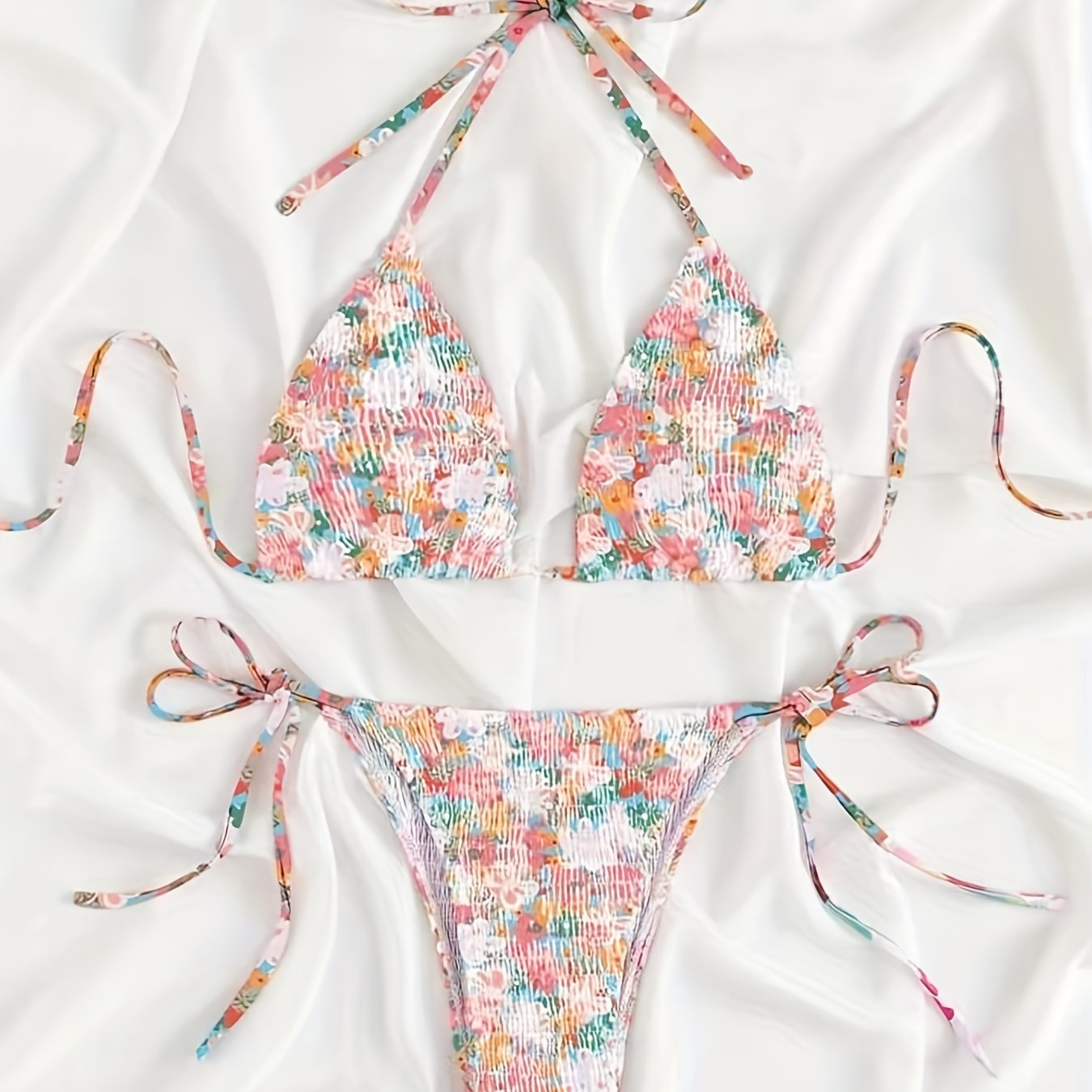 Floral Print Shirred Halter 2 Piece Set Bikini, Triangle Tie Strap Stretchy Swimsuits, Women's Swimwear & Clothing
