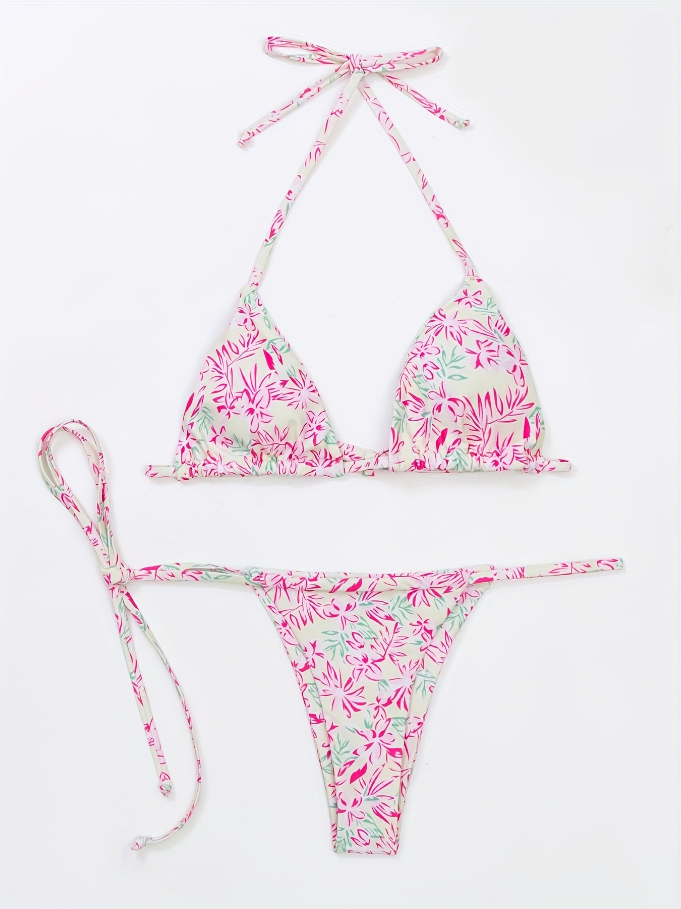 2 Piece Tie Side Halter Neck Bikini Swimsuit - High Stretch Polyester, Lace Up, Triangle Spaghetti Straps, Sexy & Cute, Machine Washable, Random Floral Print, Knit Fabric, Womens Swimwear & Clothing