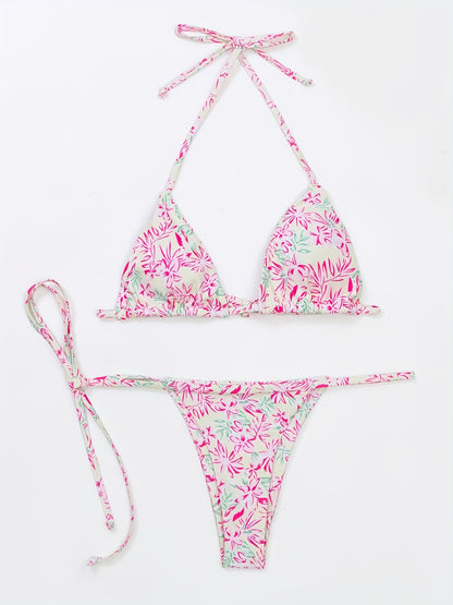 2 Piece Tie Side Halter Neck Bikini Swimsuit - High Stretch Polyester, Lace Up, Triangle Spaghetti Straps, Sexy & Cute, Machine Washable, Random Floral Print, Knit Fabric, Womens Swimwear & Clothing