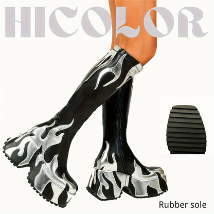 Women's Knee-high Boots With Side Zipper, High Heels, Flame Design, And Thick Soles