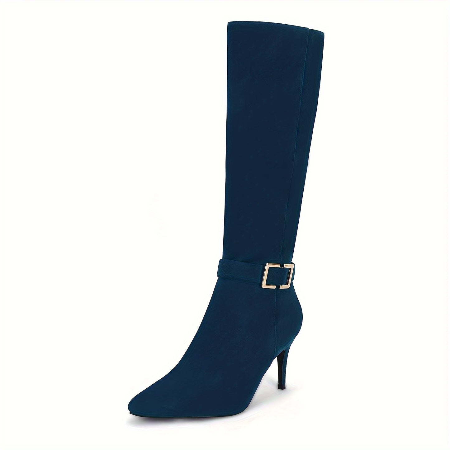 Women's Knee High Boots, High Heels, Suede Leather, Pointed Toe, Wide Calf, Metal Buckle, Side Zipper, Winter Boots