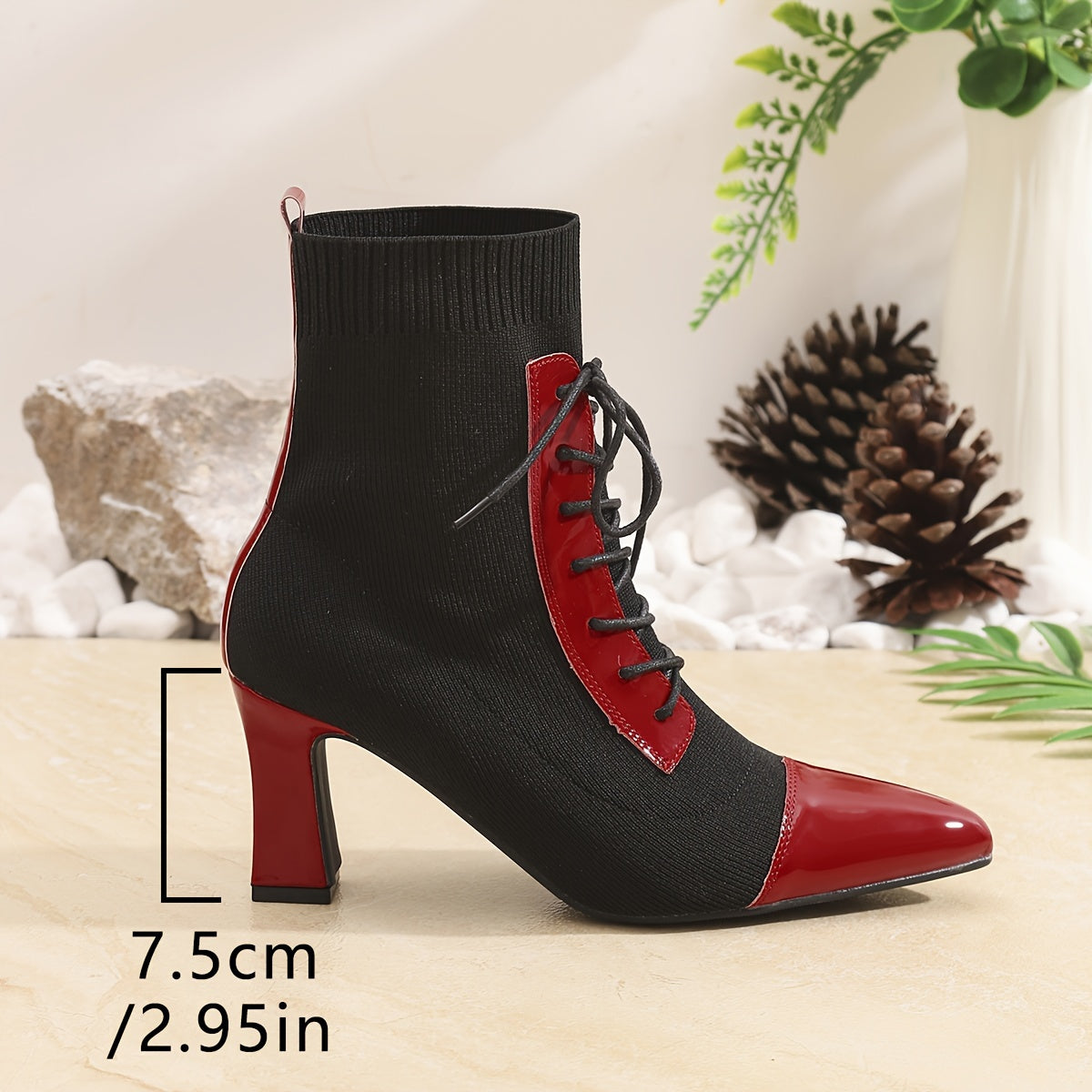 Black and Red Classic Combination Pointed Women's High Heels Short Boots Thick Heels with Adjustable Laces Comfortable Street Shoes Outdoor Boots