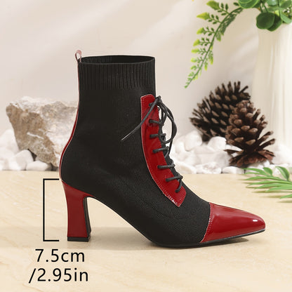 Black and Red Classic Combination Pointed Women's High Heels Short Boots Thick Heels with Adjustable Laces Comfortable Street Shoes Outdoor Boots