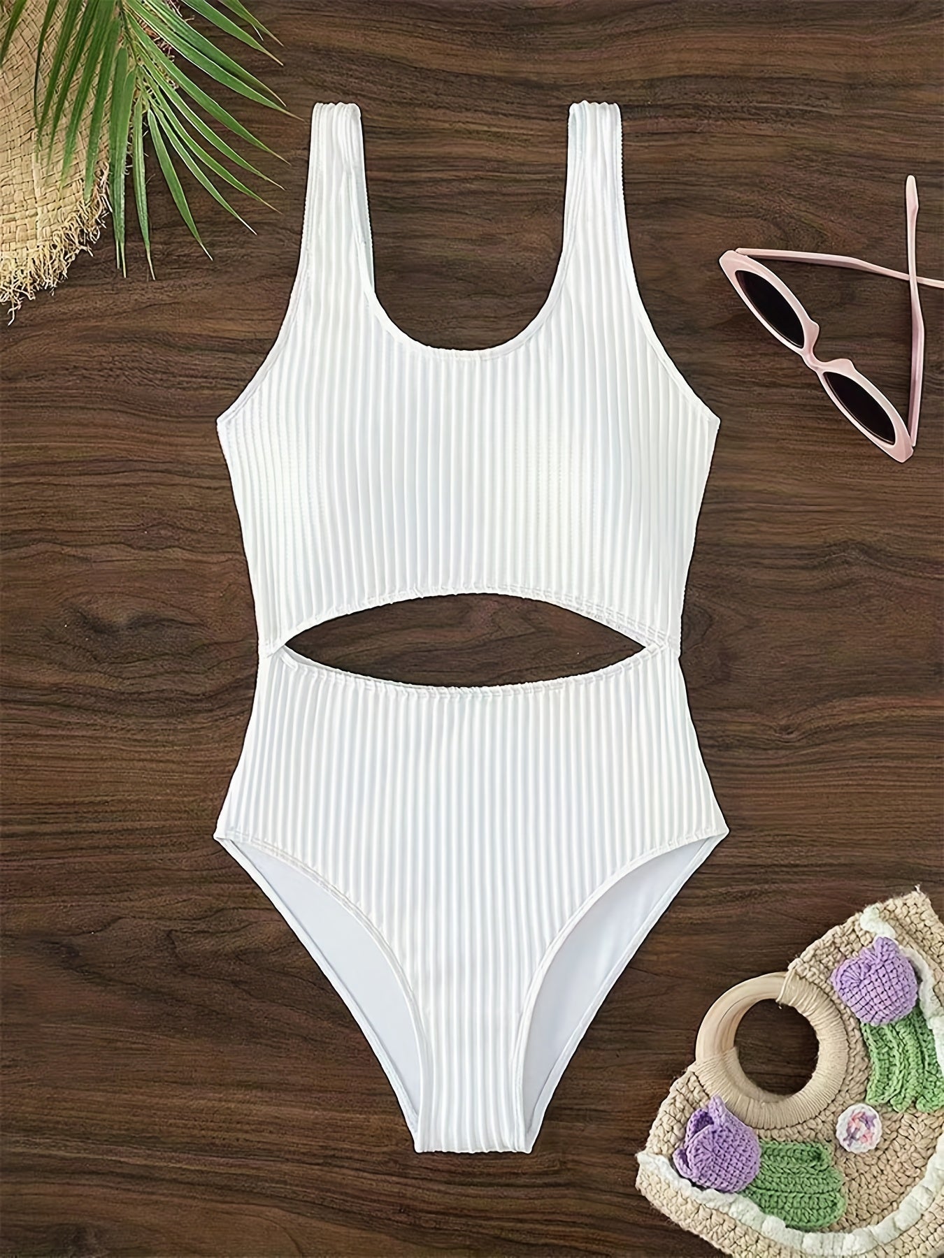 White Off the Shoulder One Piece Swimsuit - High Cut, Hollow Out, High Stretch, Sexy Polyester Knit Fabric - Solid Color, No Printing, Sheer-Free, Womens Swimwear & Clothing