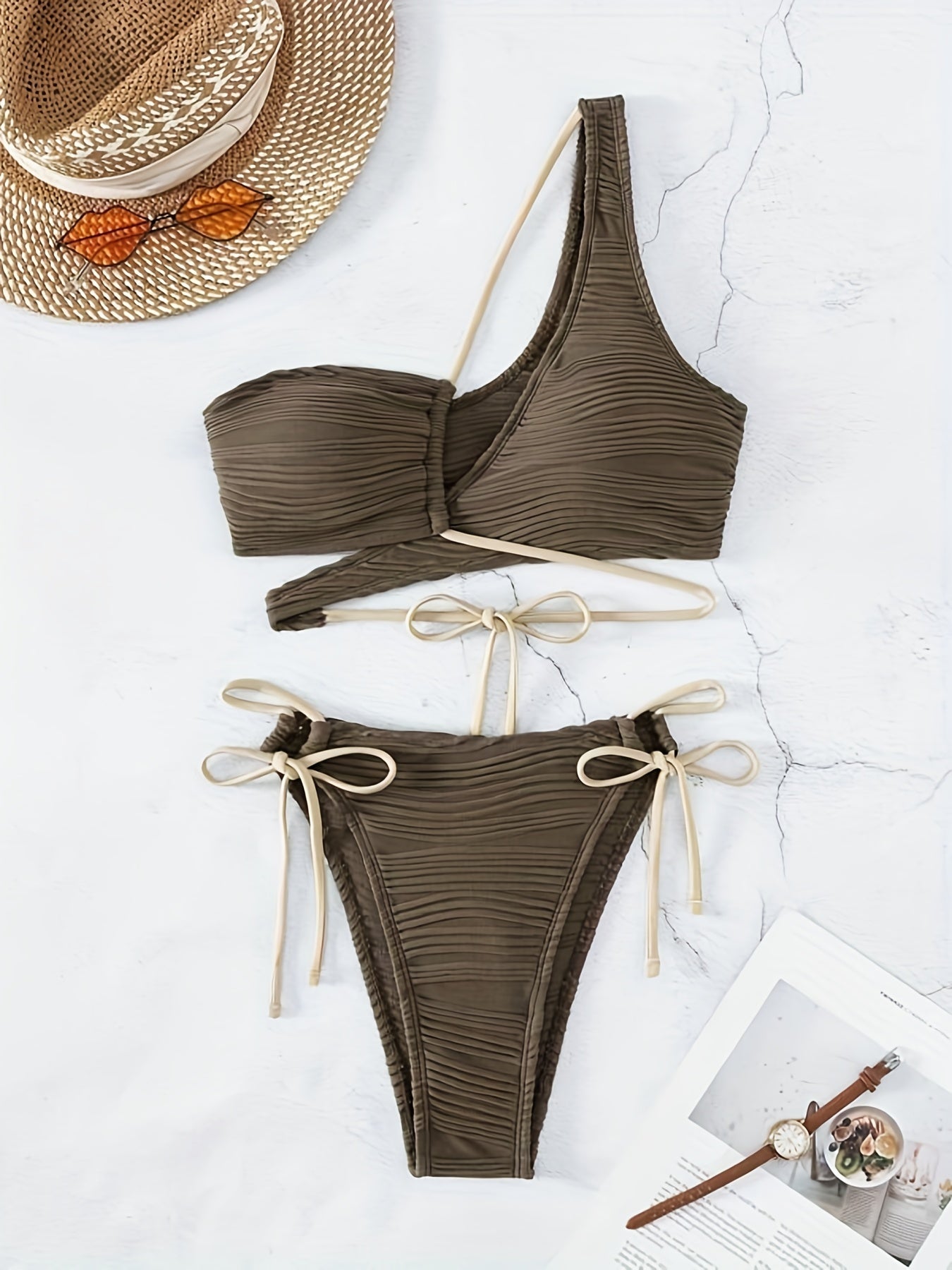 Asymmetric One Shoulder Criss Cross 2 Piece Set Bikini, Bow Tie Ruched Fabric Tie Back Swimsuits, Women's Swimwear & Clothing