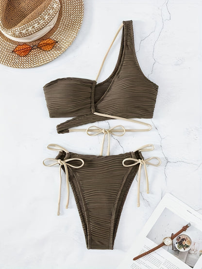 Asymmetric One Shoulder Criss Cross 2 Piece Set Bikini, Bow Tie Ruched Fabric Tie Back Swimsuits, Women's Swimwear & Clothing
