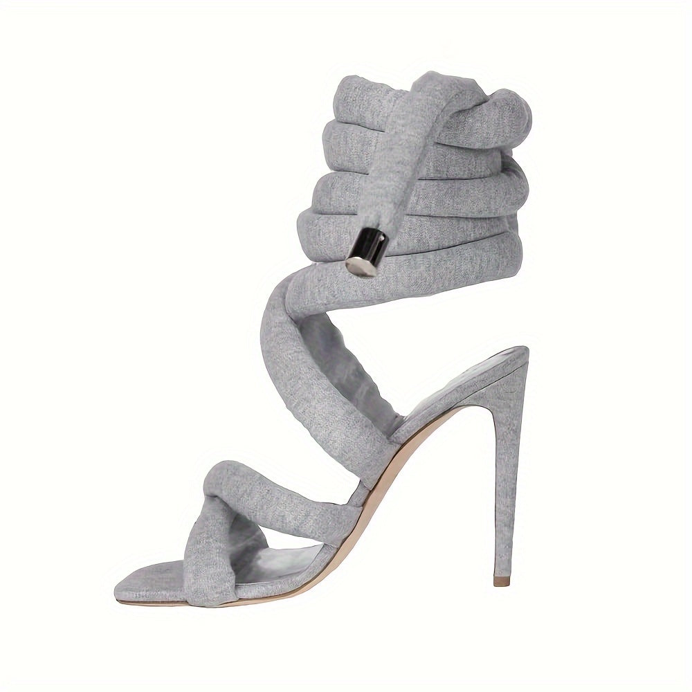 Strappy High Heels Gladiator Sandals - Grey Jersey Knit Fallopian Cloth Rope Lace Up Sexy Open Toe Square Stilettos Tie Up Heeled Sandals - For Women US Size 6-12 - Perfect for Parties & Night Out