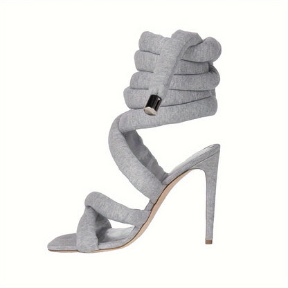 Strappy High Heels Gladiator Sandals - Grey Jersey Knit Fallopian Cloth Rope Lace Up Sexy Open Toe Square Stilettos Tie Up Heeled Sandals - For Women US Size 6-12 - Perfect for Parties & Night Out