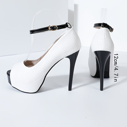 Fashionable Sexy 1 Pair Peep Toe Stiletto High Heels - Ankle Strap, Solid Color, All-Season Man-Made Upper, Rubber Sole, Synthetic Insole - Black and White