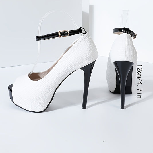 Fashionable Sexy 1 Pair Peep Toe Stiletto High Heels - Ankle Strap, Solid Color, All-Season Man-Made Upper, Rubber Sole, Synthetic Insole - Black and White