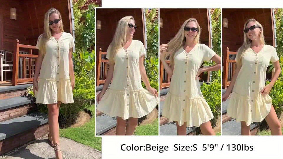 Women's Casual Short Sleeve Button- Dress with Ruffle Hem - Lightweight 300gsm V-Neck Tunic Shirt Dress, Machine Washable Summer Dress for Beach Outings & Casual Wear, Summer Casual Dress | Ruffle Hem Dress | Breathable Fabri