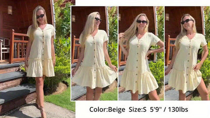 Women's Casual Short Sleeve Button- Dress with Ruffle Hem - Lightweight 300gsm V-Neck Tunic Shirt Dress, Machine Washable Summer Dress for Beach Outings & Casual Wear, Summer Casual Dress | Ruffle Hem Dress | Breathable Fabri