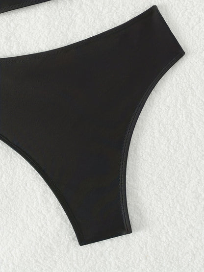 2-Piece Criss Cross Tie Back Bikini Set - Chic Hollow Out Design, Stretchy Solid Black - Comfortable Beachwear for Women