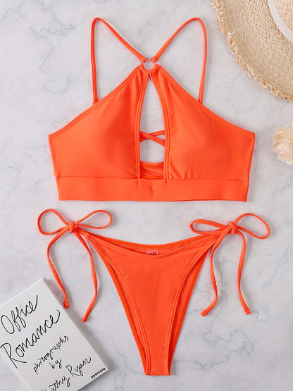 Vibrant Sexy Cut-out Bikini Set - Flattering Two-piece Design, Adjustable Ties, Ultra-Breathable Fabric - Perfect for Sizzling Summer Beachwear and Poolside Fun