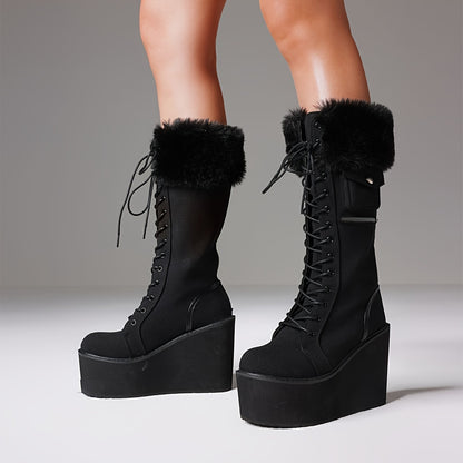 Goth Knee High Boots Fashion Platform Wedges High Heels Lace-up Combat Boots, Women Round Toe Black Platform Combat Boots Womens Lace Up Wedge Boots Chunky Block Heel Punk Boots Gothic Motorcycle Booties For Women, Christmas,