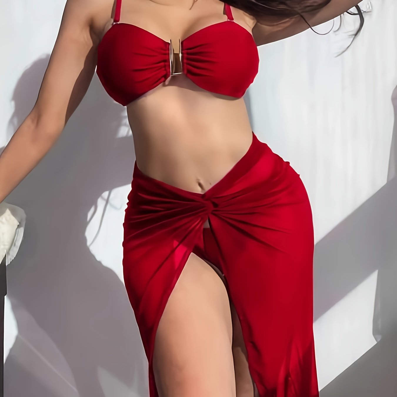 Solid Color 3 Piece Set Bikini, U-Wire High Cut With Cover Up Skirt Swimsuits - Polyester - For Women - Perfect for Beach Vacations & Pool Parties - Ideal Gift for Summer