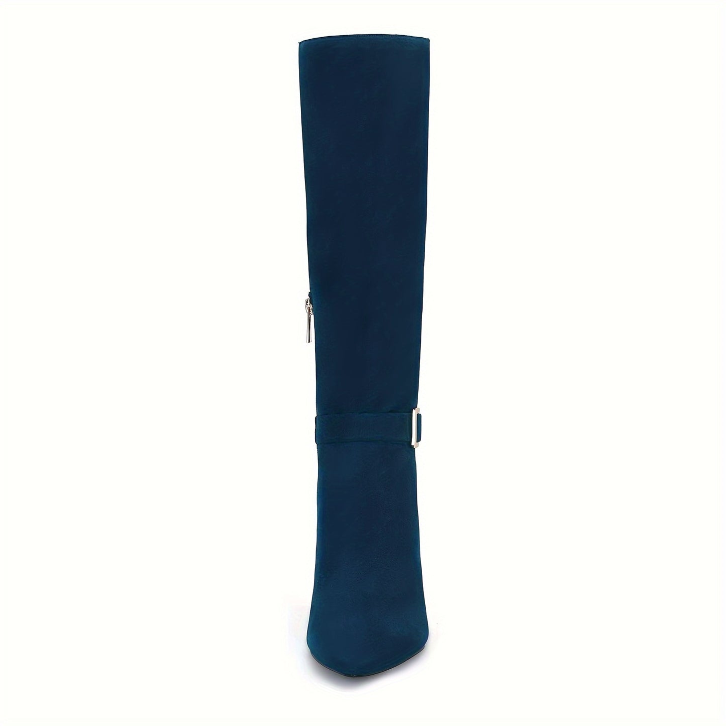 Women's Knee High Boots, High Heels, Suede Leather, Pointed Toe, Wide Calf, Metal Buckle, Side Zipper, Winter Boots