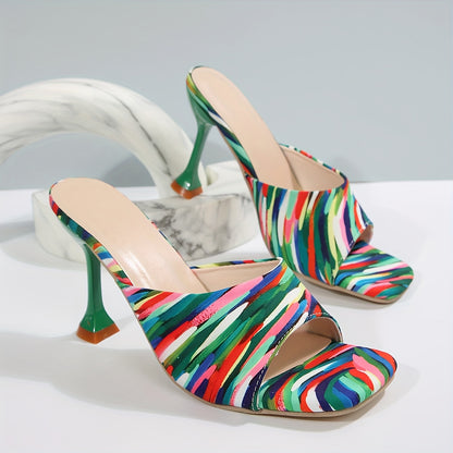 [Durable Build] Women's Square Toe Stiletto Sandals - Zebra Print & Multicolor Pattern, Open Toe High Heels with Faux Cover Inner Lining and Rubber Sole, Elegant Slip-On Dress Shoes for Parties and Events, Summer Shoes | Squa