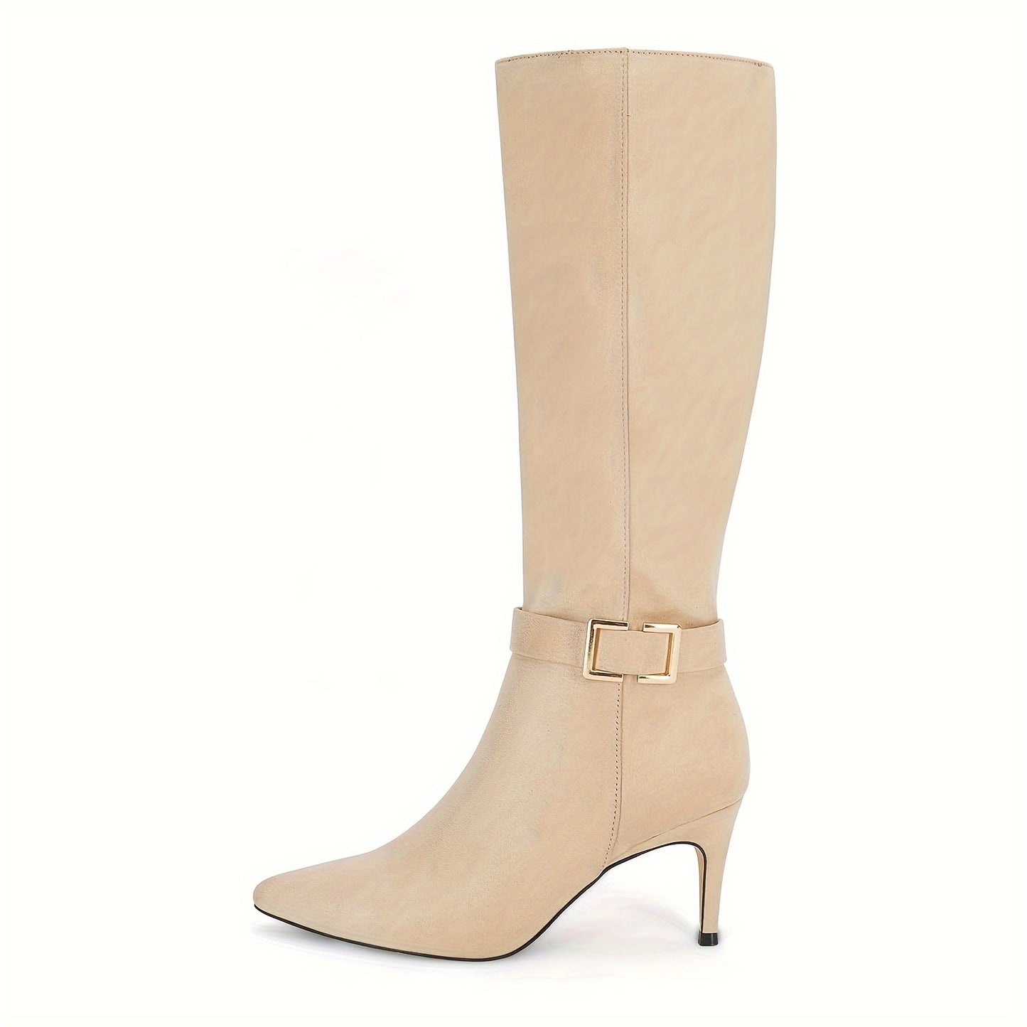 Women's Knee High Boots, High Heels, Suede Leather, Pointed Toe, Wide Calf, Metal Buckle, Side Zipper, Winter Boots
