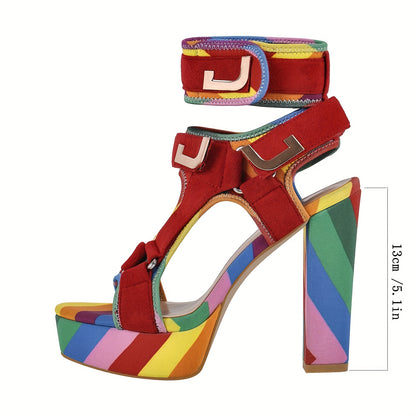 Chic Rainbow Platform High Heels for Women - Open Toe, Ankle Strap Wedge Sandals with Hook-and-loop Fastener Closure, Comfortable & Stylish for Prom, Weddings, and Summer Parties