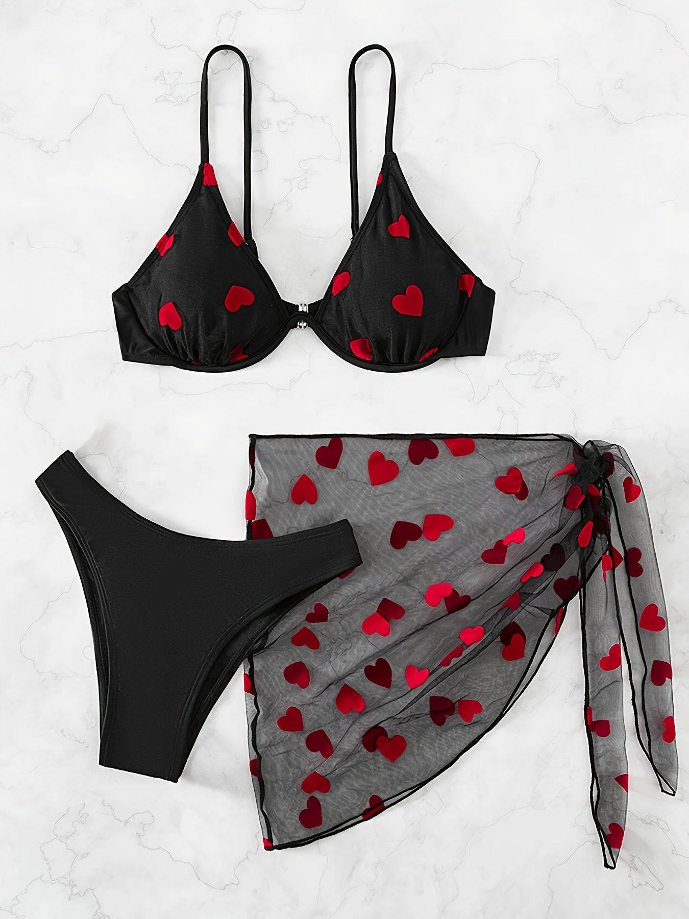 Romantic Heart Pattern Bikini Set - Flattering V Neck, Adjustable Back Buckle, High Cut Swimsuit with Sheer Mesh Skirt Cover Up - Stylish 3 Piece Womens Swimwear Ensemble