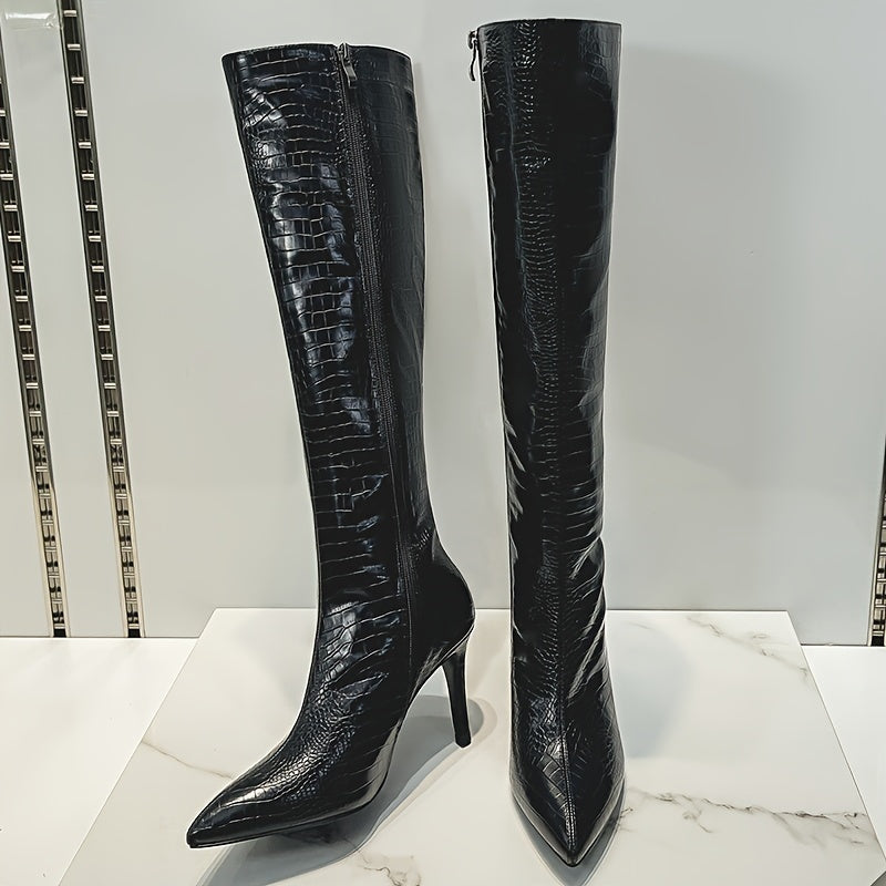 VIPMRSKING Women's Knee-High Boots - Sexy Glossy Croc-Embossed Stiletto Heels with Pointed Toe, Side Zipper Closure, Fabric Insole and Rubber Sole - Ultrahigh Heel Fashion Footwear from Huizhou