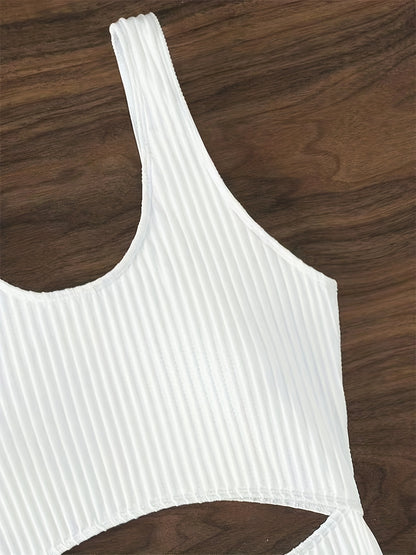 White Off the Shoulder One Piece Swimsuit - High Cut, Hollow Out, High Stretch, Sexy Polyester Knit Fabric - Solid Color, No Printing, Sheer-Free, Womens Swimwear & Clothing