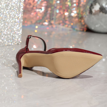 Elegant Women's Burgundy Stiletto Sandals - Sleek Pointed Toe with Side Cut-Out, Faux Cover Strap & Rubber Sole, Perfect for Evening Events, Stiletto Heels