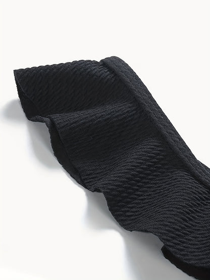 High Waist 2 Piece Ruffle Trim Black Stretchy Solid Color Bikini, Cute & Stylish Women's Swimwear & Clothing