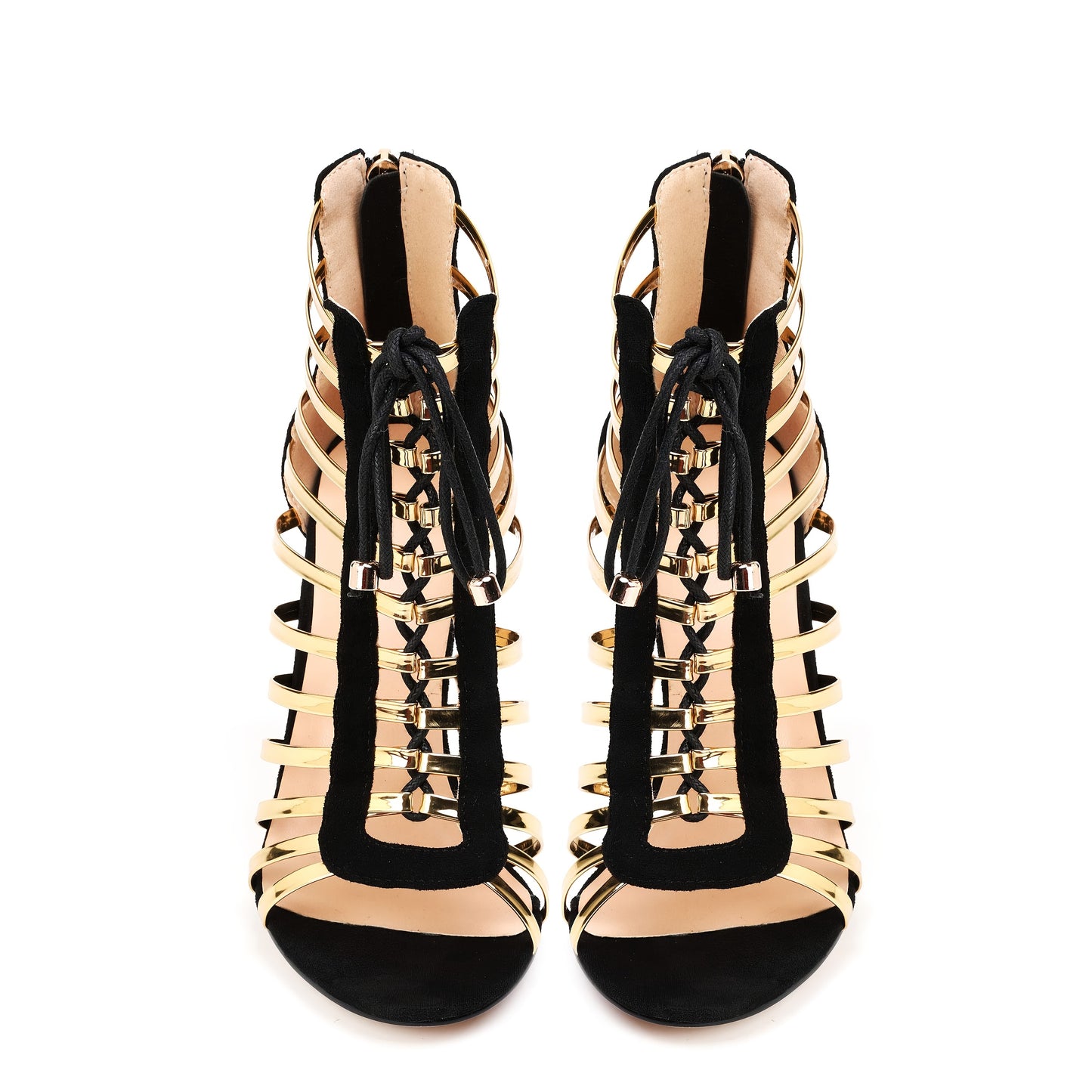 Stylish Chic Women's Black & Golden Cutout Gladiator Dress High Heels - Open Toe Caged Stiletto Sandals with Ankle Straps, Breathable Design for Spring Events, Elegant Embellishments | Elegant Stilettos