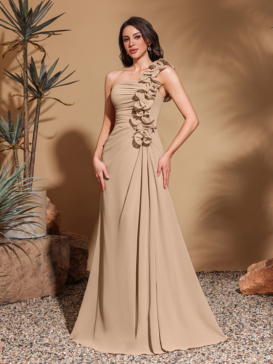 Single Shoulder Lace Decorated Chiffon Pleated Dress, Elegant and Chic Evening Gown, Women's Long Skirt, Party Dress, New in 2025, New Women's Evening Gown, Host Performance Dress, Bridesmaid Dress, Casual Dress, Prom Dress,