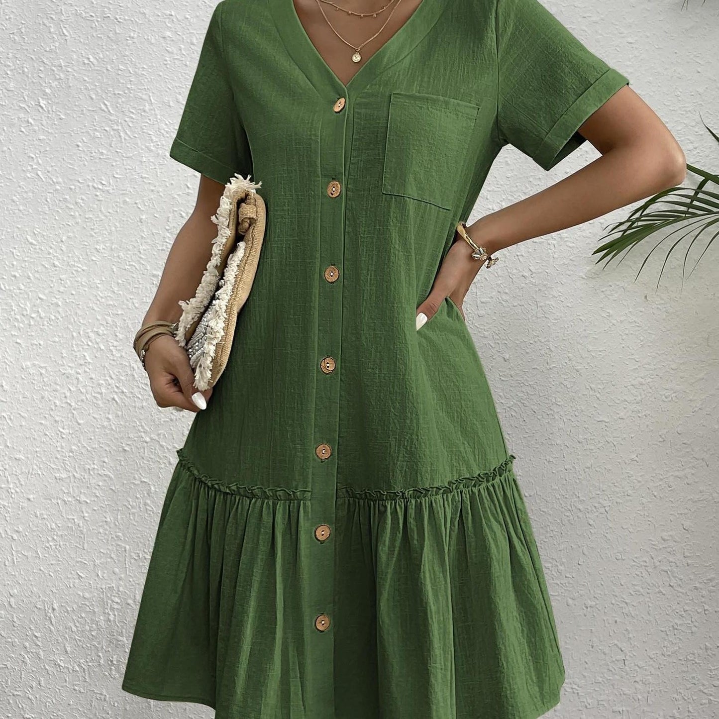 Women's Casual Short Sleeve Button- Dress with Ruffle Hem - Lightweight 300gsm V-Neck Tunic Shirt Dress, Machine Washable Summer Dress for Beach Outings & Casual Wear, Summer Casual Dress | Ruffle Hem Dress | Breathable Fabri