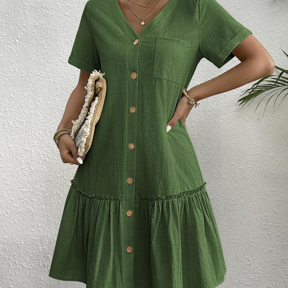 Women's Casual Short Sleeve Button- Dress with Ruffle Hem - Lightweight 300gsm V-Neck Tunic Shirt Dress, Machine Washable Summer Dress for Beach Outings & Casual Wear, Summer Casual Dress | Ruffle Hem Dress | Breathable Fabri
