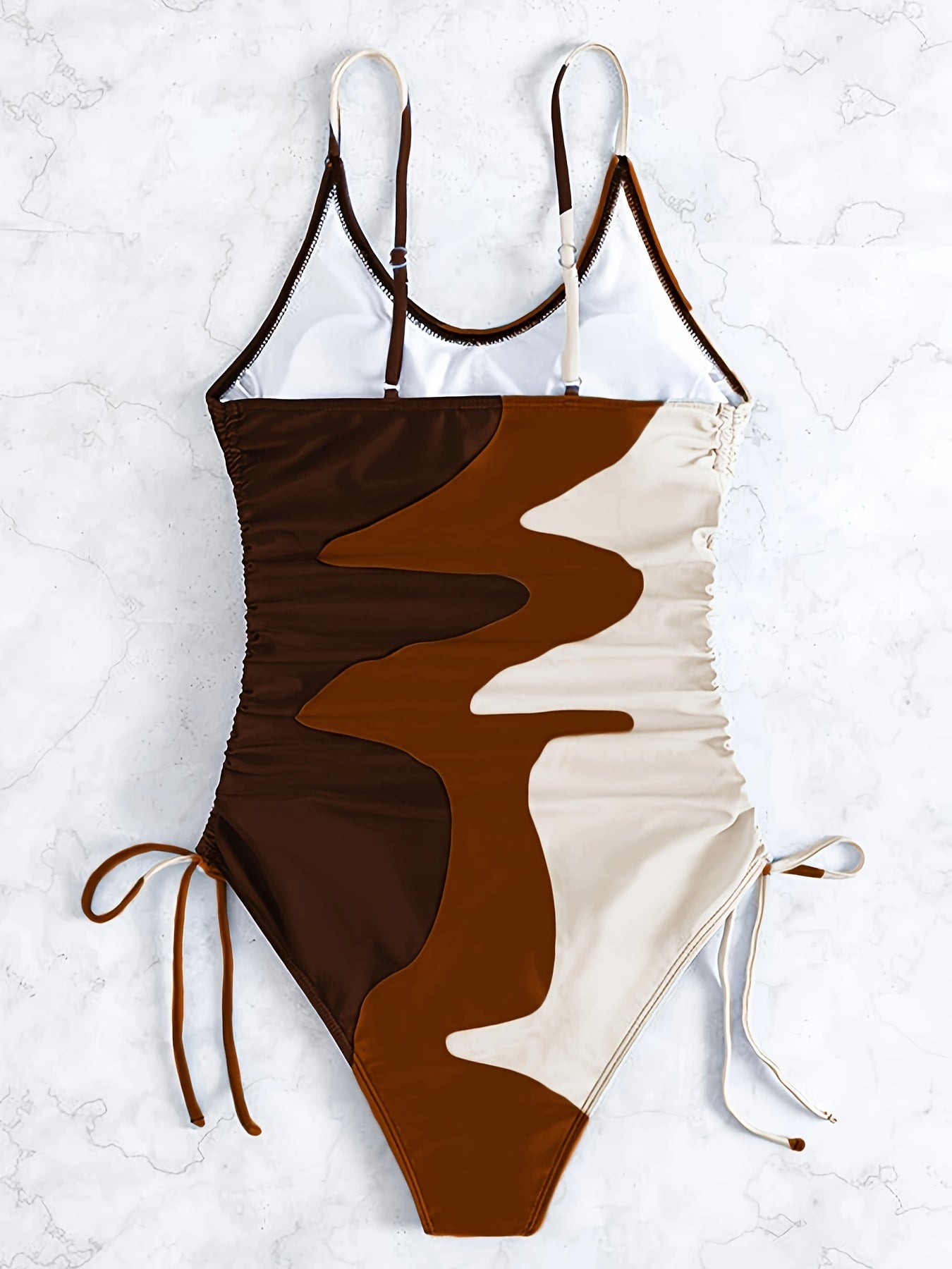 Blue Color Block Drawstring One-piece Swimsuit, Spaghetti Strap High Stretch Bathing Suits, Women's Swimwear & Clothing