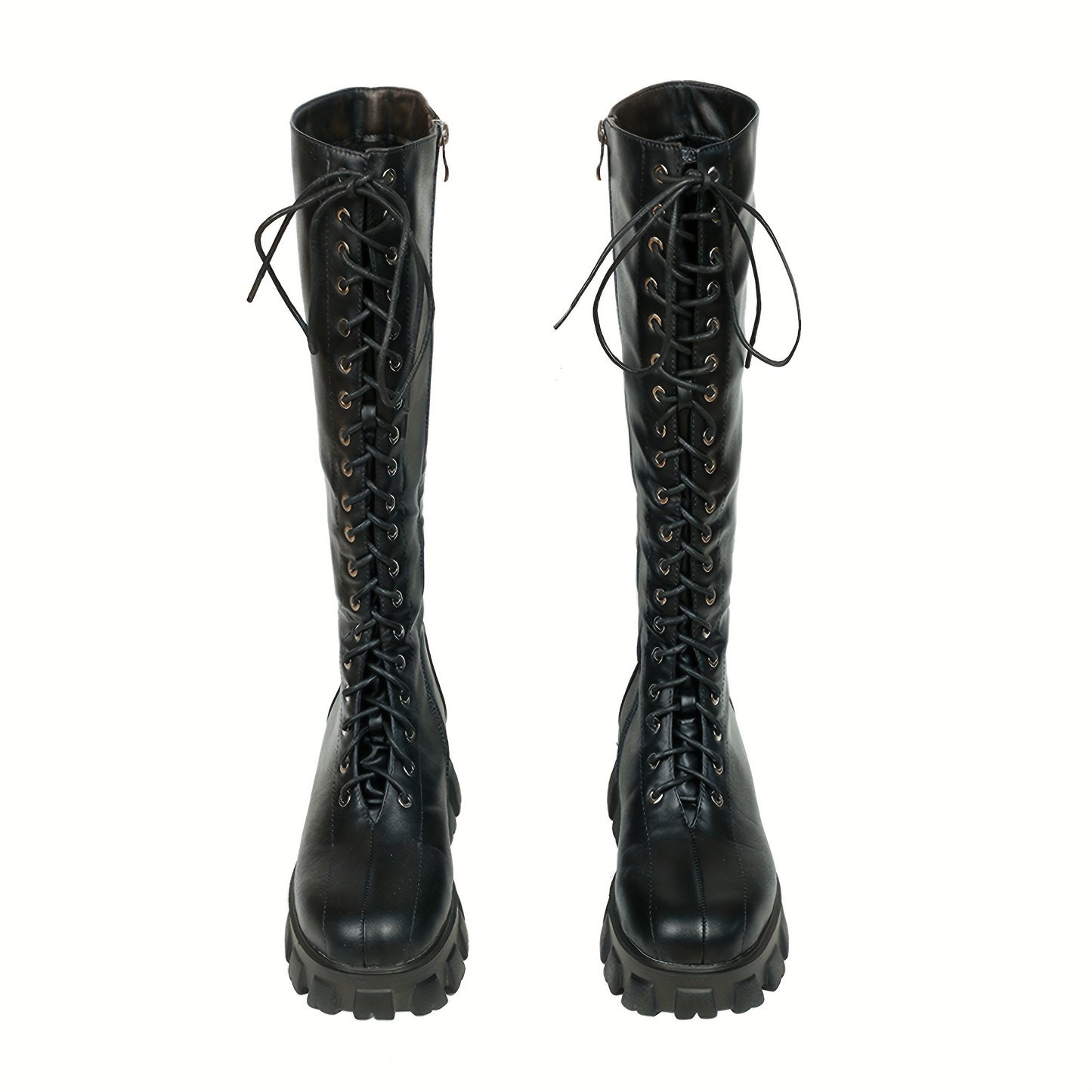 Women's Black Knee High Boots, Laces Up Eyelets Round Toe Long Boots, Sawtooth Sole Flat Heels Shoes