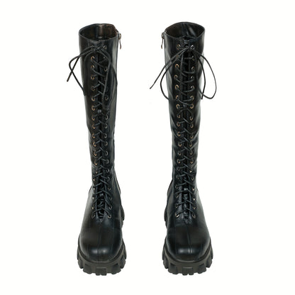 Women's Black Knee High Boots, Laces Up Eyelets Round Toe Long Boots, Sawtooth Sole Flat Heels Shoes