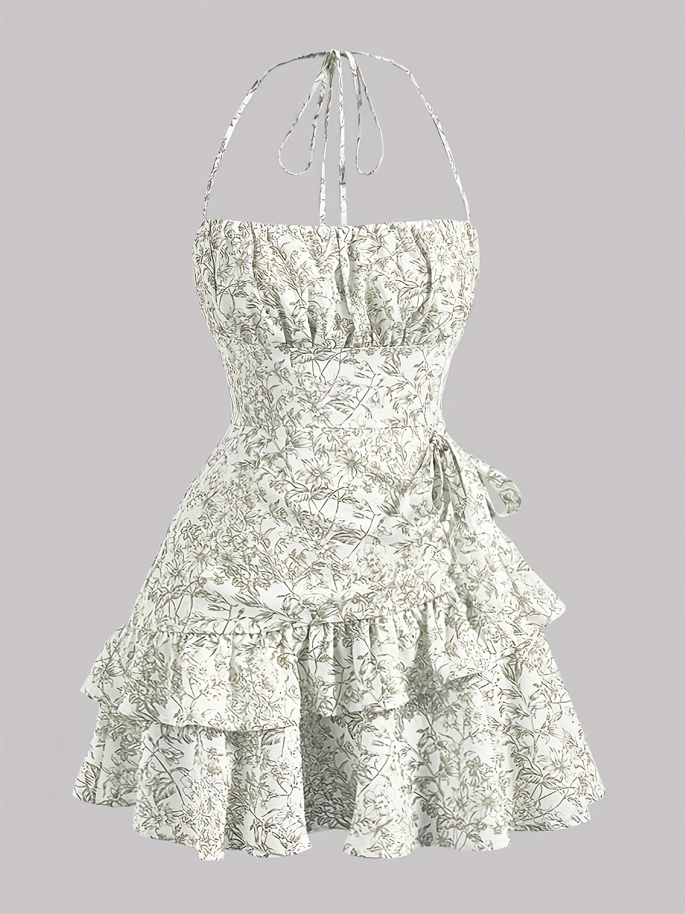 Women's Floral Print Halter Neck Dress - Pink & White Tiered Ruffled Skirt, Lightweight Summer Dress with Zipper Back, Machine Washable for Beach Vacations & Casual Outings, Beach Dress